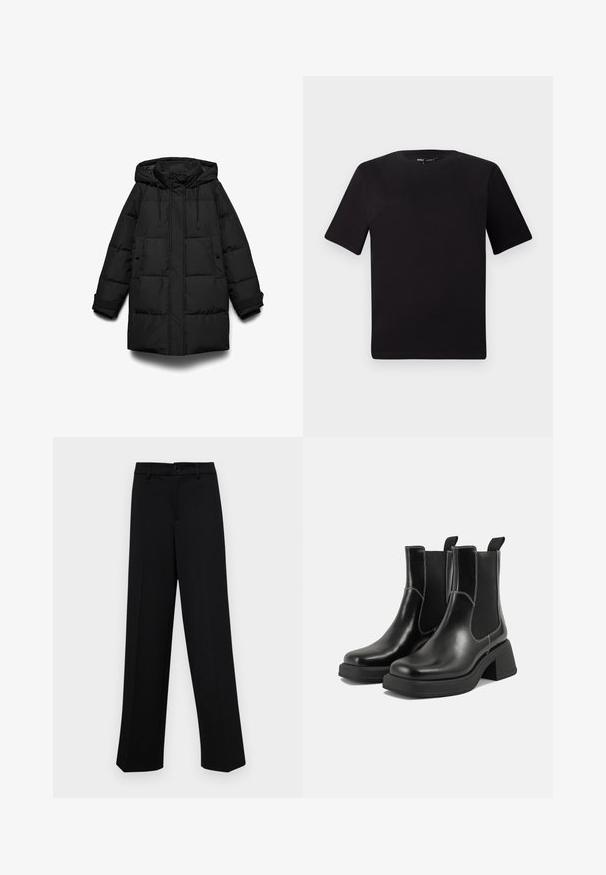 Schwarzer Steppmantel mit Kapuze, mit gesteppten Abschnitten, einem Frontreißverschluss, zwei Seitentaschen und verstellbaren Kordelzügen.; Schwarzes T-Shirt mit kurzen Ärmeln und Rundhalsausschnitt, aus weichem Baumwollmaterial gefertigt. Schlichtes Design, keine sichtbaren Logos oder Muster.; Schwarze, weit geschnittene Hosen aus glattem Stoff, mit einem klassischen Taillenbund und einem Knopfverschluss sowie vorderen Falten.; Schwarze Leder Chelsea-Stiefel mit einem klobigen Absatz, elastischen seitlichen Einsätzen und kontrastierendem weißen Nähten. Strukturierte Oberfläche.