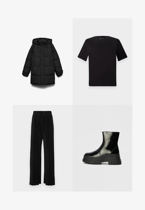 Juoda pūkinė striukė su gobtuvu, turi siuvinėtas dalis, priekinį užtrauktuką, dvi šonines kišenes ir reguliuojamus raištelius.; Juodas trumpas rankovės marškinėlis su apvaliu iškirpimu, pagamintas iš minkštos medvilnės medžiagos. Paprastas dizainas, be matomų logotipų ar raštų.; Juodi plisuoti kelnės su elastine juosta. Turėkite plačias kojas ir glotnų, tekstūrinį audinį su vertikaliais dryžiais.; Juodas blizgus kulkšninis botas su storu iškilniu padu ir apvaliu pirštu, šoninis vaizdas ant vientiso šviesiai pilko fono.