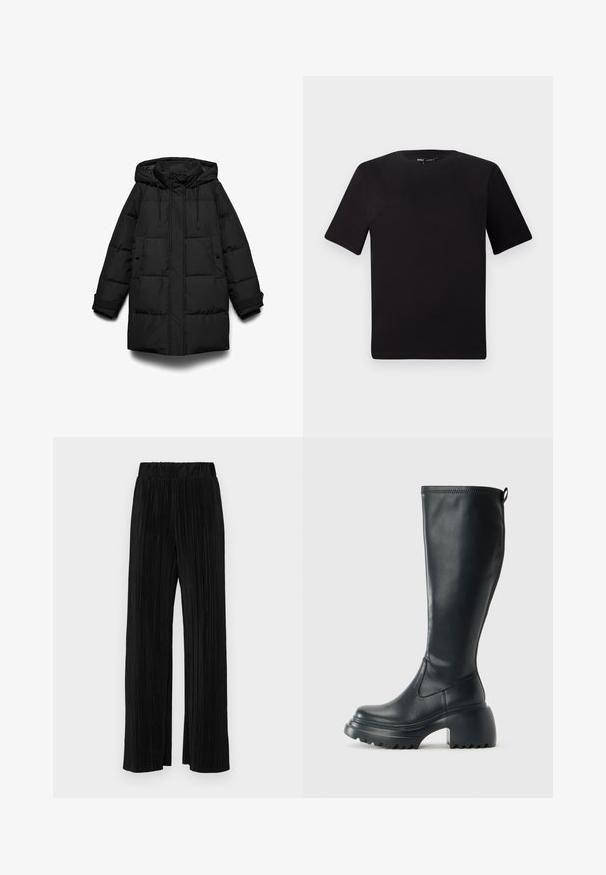 Zwarte donzen jas met een capuchon, voorzien van doorgestikte secties, een ritssluiting aan de voorkant, twee zijzakken en verstelbare trekkoorden.; Zwarte T-shirt met korte mouwen en een ronde hals, gemaakt van zachte katoenstof. Eenvoudig ontwerp, geen zichtbare logo's of patronen.; Zwarte geplooide broek met een elastische tailleband. Beschikt over wijde pijpen en een glad, gestructureerd stof met verticale strepen.; Hoge zwarte leren laars met een chunky plateauzool en blokhak, voorzien van een trekband en een gestructureerd profiel op de buitenzool.