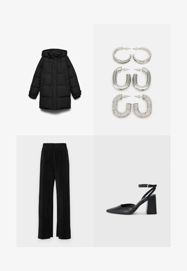 Fekete steppelt télikabát kapucnival, steppelt részekkel, elöl cipzárral, két oldalzsebbel és állítható húzózsinórokkal.; Fekete, rövid ujjú póló laza szabással, sima textúrával és kerek nyakkivágással. Könnyű anyag, finom fénylő hatással.; Fekete pliszírozott nadrág gumis derekkal. Széles lábakkal rendelkezik, sima, texturált anyagból készült, függőleges csíkokkal.; Fekete bőr, hegyes orrú magassarkú cipő boka pánttal és vastag sarokkal. Sima textúra, elegáns dizájn és minimális esztétika.; Négy pár ezüst fülbevaló: két fényes, sima karika design, egy texturált, és egy apró világos cirkonkövekkel díszített.