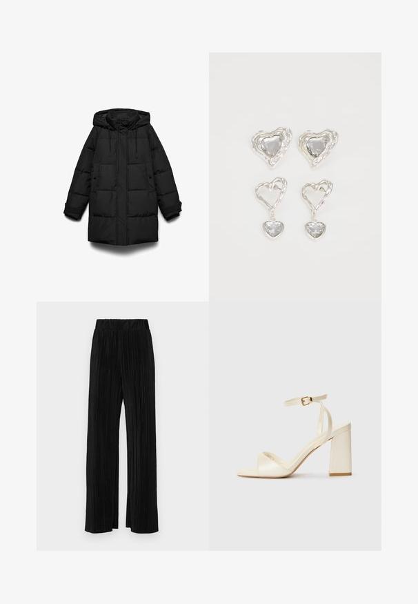 Giacca imbottita nera con cappuccio, caratterizzata da sezioni trapuntate, una cerniera frontale, due tasche laterali e coulisse regolabili.; T-shirt nera a maniche corte con una vestibilità rilassata, caratterizzata da una texture liscia e un collo a giro. Tessuto leggero con una leggera lucentezza.; Pantaloni neri a plissé con vita elasticizzata. Presentano gamba ampia e un tessuto liscio e texture con strisce verticali.; Sandali con tacco color crema con punta aperta, tacco a blocco spesso, sottile cinturino alla caviglia e finitura leggermente lucida. Decorazione a fibbia sul cinturino.; Orecchini a forma di cuore in argento con pietre trasparenti sfaccettate, accompagnati da una cornice texturizzata. Il set include stili a bottone e a goccia.