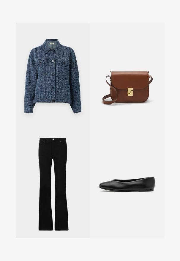 Navy blue textured jacket made of woven fabric, featuring two chest pockets, a button-up front, and a collared neckline.; Light beige cropped sweater with a zippered mock neck, featuring a textured pattern and ribbed cuffs and hem. Combines knit and woven materials.; Black flared jeans made of denim, featuring two front pockets, a button closure, and a smooth texture. Signature stitching visible at seams.; Paul Smith TOPANGA - Ballet pumps - black; Brown leather handbag with a flap closure, gold-tone hardware, a shoulder strap, and a smooth texture. Compact rectangular shape.