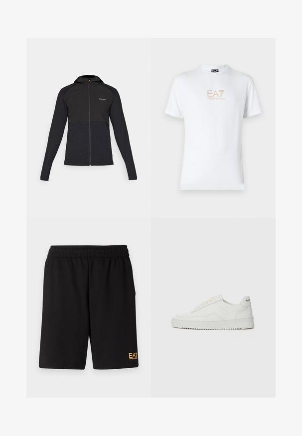 Svart zipjacka med huva, med en jämn textur, kontrasterande övre panel och minimal logotyp i vänstra övre hörnet.; Vit bomull t-shirt med rund halsringning och korta ärmar, med en guld EA7 Emporio Armani-logotyp tryckt på framsidan.; Svarta träningsshorts i mjukt tyg, med ett elastiskt midjeband och en liten gul EA7-logotyp på nedre vänstra benet.; Vita lädersneakers med en jämn yta, rund tå, platta snörningar och en strukturerad sula. Har en diskret logotyp på hälen.