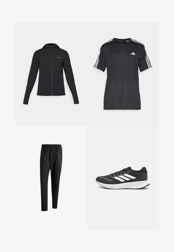 Casaco preto com fecho éclair e capuz, apresentando uma textura suave, painel superior em contraste e uma marcação mínima no canto superior esquerdo.; T-shirt preta de mangas curtas com um design de três riscas brancas nos ombros e logótipo no peito. Feita de um tecido respirável, de textura suave.; Calças de treino pretas com uma cintura elástica, dois bolsos laterais com fecho, pernas ajustadas e um discreto detalhe de logotipo no quadril.; Shoe de atletismo preto com parte superior em malha respirável, detalhes brancos e sola almofadada. Apresenta o logotipo das três riscas na lateral.
