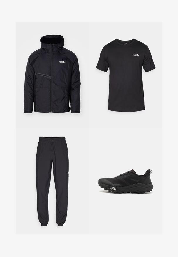 The North Face MOUNTAIN ATHLETICS HYBRID JACKET - Āra jaka - black; Melna īsām piedurknēm T-krekls, kas izgatavots no kokvilnas, ar apaļu dekoltē un nelielu baltu logotipu augšējā kreisajā krūtīs.; Melni sporta bikses, kas izgatavotas no viegla auduma, ar savelcamu jostu, sānu kabatām un sašaurinātiem apakšējiem galiem pie potītēm.; Melnas taku skriešanas kurpes ar teksturētu virsu, gumijas zoli un pastiprinātu pirkstu daļu. Aprīkotas ar mīkstu apkakli un vilkšanas cilpu, lai viegli uzvilktu.