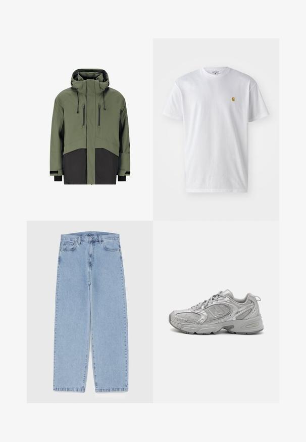 Herren isolierte Jacke in Olivgrün mit schwarzen Akzenten, mit hohem Kragen, verstellbare Kapuze und zwei senkrechten Brusttaschen mit Reißverschluss.; Weißes Baumwoll-T-Shirt mit kurzen Ärmeln, Rundhalsausschnitt, mit einem kleinen goldenen Logo im linken Brustbereich. Weicher Stoff und normale Passform.; Hellblaue Jeans aus Denim mit geradem Bein, ausgestattet mit einer mittelhohen Taille, fünf Taschen sowie einem Knopf- und Reißverschluss.; Silberner Sportschuh mit schlankem Design, Mesh-Einsätzen, gepolstertem Schaft, strukturiertem Synthetik-Obermaterial und Gummisohle für Traktion.