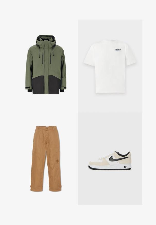 Herren isolierte Jacke in Olivgrün mit schwarzen Akzenten, mit hohem Kragen, verstellbare Kapuze und zwei senkrechten Brusttaschen mit Reißverschluss.; Weißes Baumwoll-T-Shirt mit einem blauen, gestickten "Timberland Rugged Active Gear"-Logo auf der oberen linken Brust. Kurze Ärmel und Rundhalsausschnitt.; Khakifarbene Arbeitshosen aus strapazierfähigem Stoff, mit mehreren Taschen, einem Knopfverschluss und gesticktem Logo auf dem Oberschenkel.; Sneaker mit einem hellbeigen Wildleder- und weißen Leder-Obermaterial, schwarzem Nike-Swoosh, schwarzen Akzenten und einer weißen Gummisohle mit "AIR"-Branding.