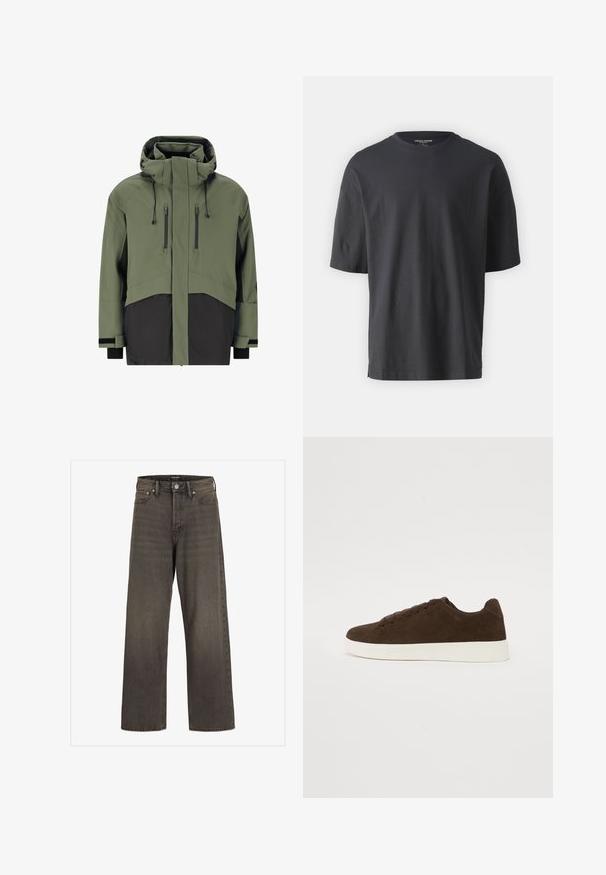 Herren isolierte Jacke in Olivgrün mit schwarzen Akzenten, mit hohem Kragen, verstellbare Kapuze und zwei senkrechten Brusttaschen mit Reißverschluss.; Schwarzes T-Shirt mit kurzen Ärmeln aus Baumwolle, mit Rundhalsausschnitt und lässiger Passform. Keine Muster oder Akzente sind sichtbar.; Weite Jeans aus dunkelgrauem Denim mit hoher Taille, klassischem Fünf-Taschen-Design und kontrastierendem Stepp entlang der Nähte.; Braune WildlederSneaker mit niedriger Profil, ausgestattet mit einer weißen Gummisohle, runder Zehenform und sechs Ösen für die Schnürsenkel. Glatte Textur und einfaches Design.