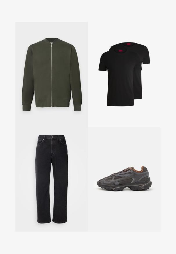 Zelená bomber bunda s plným předním zipem, žebrovanými manžetami a dolním lemem. Vyznačuje se hladkou texturou a minimalistickým designem.; Dvoje černých bavlněných triček s krátkým rukávem a kulatým výstřihem. Obě mají červenou značkovou nášivku na výstřihu. Jednoduchý, klasický design.; Černé džínové kalhoty s rovný střih, pěti kapsami a kontrastním prošíváním. Mají zapínání na knoflík a poutka na opasek.; Sněrovací boty Lacoste v tmavě šedé barvě s síťovinou a syntetickým materiálem, prezentující texturovanou podrážku a hnědé detaily na límci a logu.