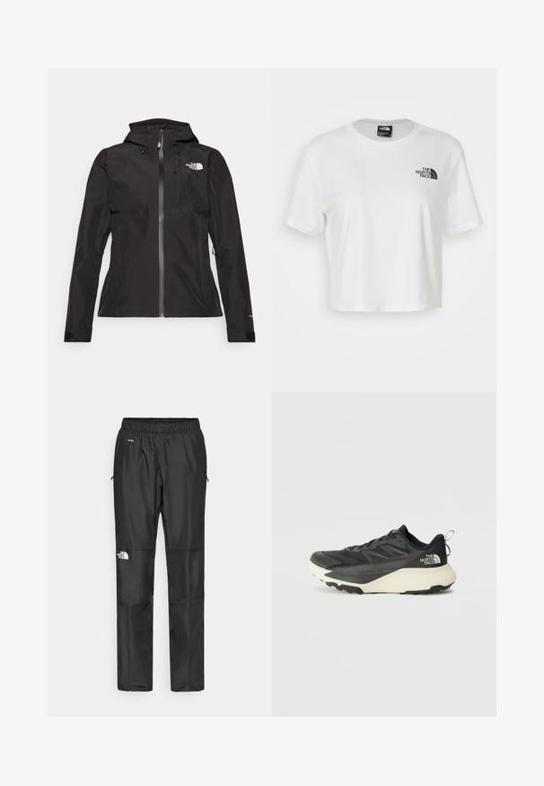 Czarna wodoodporna kurtka z kapturem, z przodem na zamek błyskawiczny, kieszenią na piersi i regulowanymi mankietami. Posiada logo na lewej piersi oraz gładką teksturę.; Biała krótka koszulka z bawełny z okrągłym dekoltem i krótkimi rękawami. Posiada czarną logo na lewym piersi.; Czarne wodoodporne spodnie wykonane z lekkiego materiału, z elastycznym pasem, bocznymi kieszeniami i logo na lewym nogawce.; Czarne sportowe buty z teksturowaną cholewką, z szarymi akcentami i białą podeszwą środkową. Zawierają pętelkę do zakładania oraz wyraźne logo marki na pięcie.