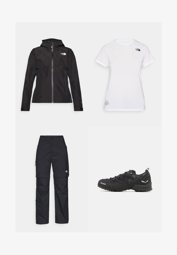 Black waterproof jacket with a hood, front zip closure, chest pocket, and adjustable cuffs. Features logo on left chest and smooth texture.; White cotton t-shirt featuring a black logo on the left chest and a gray graphic design at the bottom right. Classic crew neck and short sleeves.; Black nylon zip-off cargo trousers with adjustable cuffs, multiple pockets, and a logo on the right leg. Smooth, lightweight texture.; Black hiking shoes with a textured fabric upper, lacing system, and rugged rubber sole. Accented with reflective details and logos.