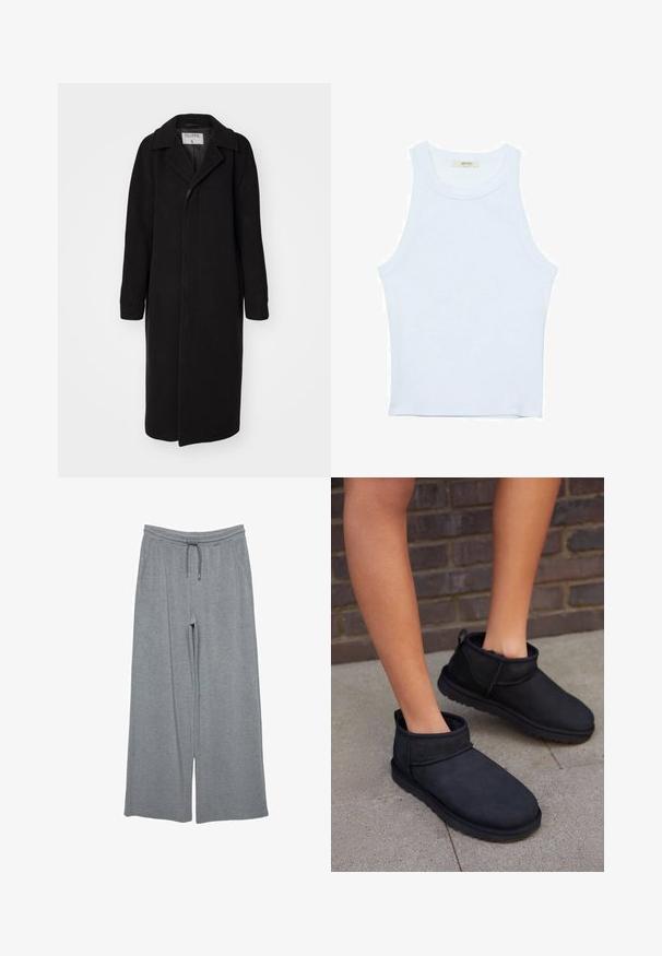 Filippa K CARCOAT - Manteau classique - dark burgu; Débardeur blanc, texture côtelée, encolure ronde, design sans manches, forme ajustée, marque discrète sur l'étiquette à l'intérieur du col.; Pantalon large gris en tissu doux, doté d'une taille élastique avec un cordon de serrage et de poches latérales. Texture lisse, sans motifs.; Bottines noires en suède avec une doublure intérieure douce. Elles présentent un bout arrondi et une semelle plate et texturée.