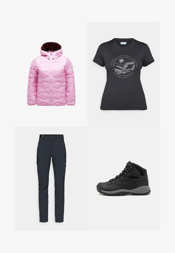 Rosa pufferjakke med hætte, bølgemønstret quilt, frontlynlås og sorte snore. Glat, skinnende materiale.; Sort Columbia t-shirt med hvid cirkulær bjerg- og flodlinjekunst samt teksten "Columbia Sportswear Company Udenfor Siden 1938."; Herrers udendørsbukser, mørkegrå, lavet af fleksibelt materiale, med bælte, lynlåslommer og forstærkede syninger.; Sort vandrestøvle med en mellem-højde design, der har en tekstureret overdel, grå detaljer og en holdbar gummisål med skridsikre klodser.