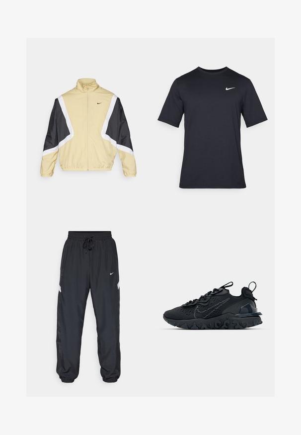 Nike Performance ICON - Training jacket - team gold/black/white; Black short-sleeve Nike t-shirt made of smooth fabric, featuring a white swoosh logo on the upper left side, crew neckline.; Black athletic pants with elastic waistband, adjustable drawstring, side pockets, and contrasting white stripe accents along the sides.; Black athletic shoe with a breathable mesh upper, textured accents, and a wavy rubber sole. Features reflective logo and lacing system.