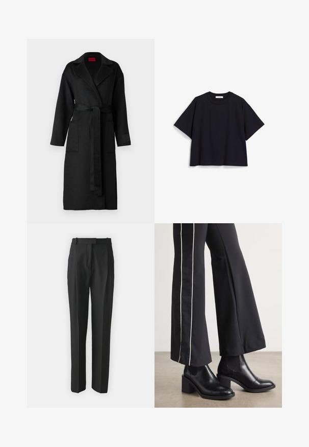 Must mustriga pikk mantel, millel on vöökoht, sakiline krae, kaks esist taskut ja tekstureeritud kangas. Ilma mustrite ja kaunistusteta.; Tumesinise lühikese varrukaga T-särk, valmistatud pehmest puuvillast, omades paigaldamata lõiget, ümmargust kaelust ja minimalismi. Ei mingeid nähtavaid mustreid ega aksessuaare.; Mustad kohandatud mustad püksid kergest kangast, sirge lõikega, lamedate esiosadega ja vöökohaga. Sile tekstuur ilma nähtavate mustriteta.; Mustad nahast pahklu_bootid, millel on ploki konts ja elastsed külgpaneelid. Kombineeritud mustade pükstega, millel on valge küljeriba.