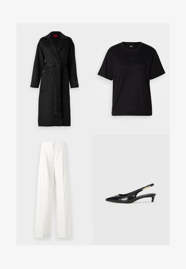 Black long coat with a belted waist, featuring a notched collar, two front pockets, and a textured fabric. No patterns or embellishments.; Black cotton t-shirt with a crew neckline, short sleeves, and an embroidered logo on the chest. Simple, relaxed fit with no patterns.; White wide-leg trousers with a high waist, featuring front pleats and a smooth texture, constructed from lightweight fabric.; Black leather slingback heels with a pointed toe, featuring a slim heel and a gold-tone accent on the adjustable strap. Smooth texture.