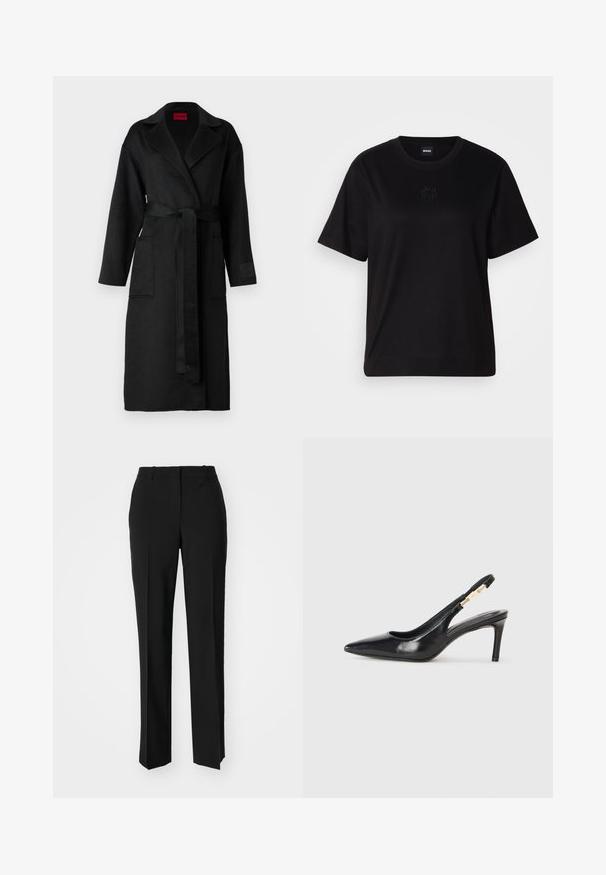 Black long coat with a belted waist, featuring a notched collar, two front pockets, and a textured fabric. No patterns or embellishments.; Black cotton t-shirt with a crew neckline, short sleeves, and an embroidered logo on the chest. Simple, relaxed fit with no patterns.; Black tailored trousers with a straight-leg design, featuring a smooth texture and crisp creases along the front. No visible hardware.; Black leather slingback high-heeled shoe with a pointed toe, smooth texture, and a narrow ankle strap featuring gold hardware accents.