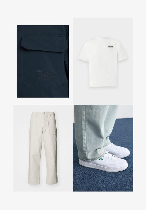 Tamsiai mėlyna marškiniai su dideliu kišeniu ir embosuotais tekstais kišenėje, apibūdinančiais prekės ženklą ir savybes; glotni, patvari medžiaga.; Balta medvilnė marškinėliai su mėlynu siuvinėtu "Timberland Rugged Active Gear" logotipu kairiajame krūtinės viršuje. Trumpi rankovės ir apvalus kaklas.; Šviesiai pilki plačius kelnes, pagamintas iš medvilnės. Yra priekinės kišenės ir mygtuko uždarymas. Lygus paviršius su subtiliomis vertikaliomis linijomis.; Balti odiniai sportbačiai su žaliu Nike logotipu, apvalia nosimi, plokščiu padu, derinami su šviesiai mėlynomis džinsinėmis kelnėmis, rodomi ant mėlynos kiliminės dangos.