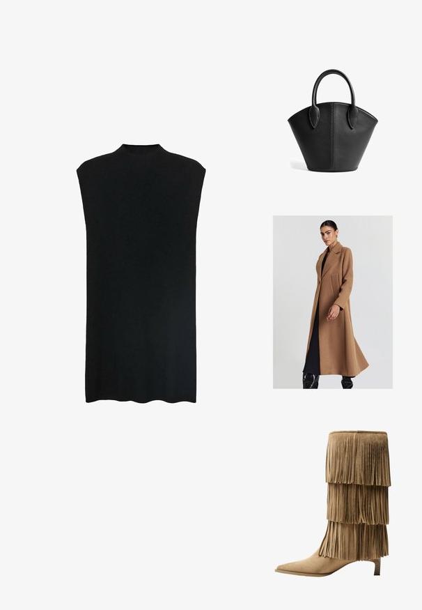 Cappotto lungo in un morbido tessuto misto lana. Presenta un colletto a revers, chiusura con un solo bottone e due tasche laterali per la funzionalità.; Tunic nera senza maniche con colletto alto, tessuto morbido, vestibilità ampia e silhouette dritta. L'orlo è leggermente curvato nella parte inferiore.; Stivale alla caviglia in suede color ocra con tre strati di frange. Punta affusolata e tacco basso a blocco. Texture liscia su tutta la superficie.; Borsa a tracolla in pelle nera con una forma angolare, manici curvi e dettagli di cucitura visibili sui bordi e nel design.