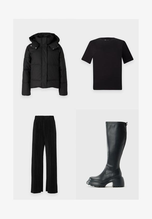 Juodas pamuštas švarkas su aukštu apykakle ir nuimamu gobtuvu, puošiamas sidabriniais spaudėmis ir siūtu tekstūru. Trumpesnis modelis su ilgomis rankovėmis.; Juodas trumpas rankovės marškinėlis su apvaliu iškirpimu, pagamintas iš minkštos medvilnės medžiagos. Paprastas dizainas, be matomų logotipų ar raštų.; Juodi plisuoti kelnės su elastine juosta. Turėkite plačias kojas ir glotnų, tekstūrinį audinį su vertikaliais dryžiais.; Ilgas juodos odinės batai su masyvi platforma ir stačiakampiu kulnu, turintys traukimo kilpą ir tekstūruotą pado raštą.