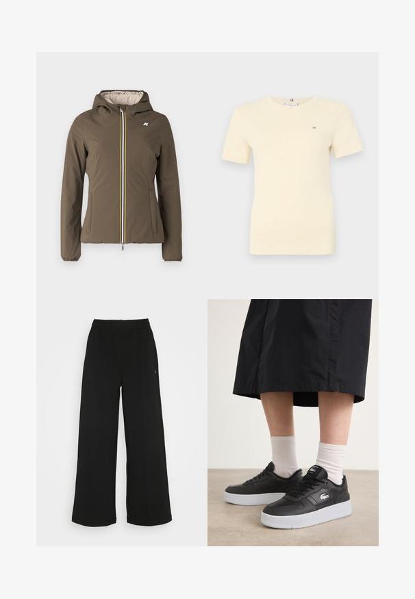 K-Way - Kurtka przejściowa; Koszulka z krótkim rękawem w kolorze żółtym, wykonana z bawełny, z okrągłym dekoltem i małym logo na lewej piersi. Gładka textura.; Czarne spodnie o szerokich nogawkach z elastycznym pasem. Wykonane z miękkiego, lekkiego materiału. Posiada pionowe szwy na przodzie.; Czarne skórzane trampki z białą gumową podeszwą, z logo po boku, okrągłym noskiem i czarnymi sznurowadłami. Noszone z białymi skarpetkami.