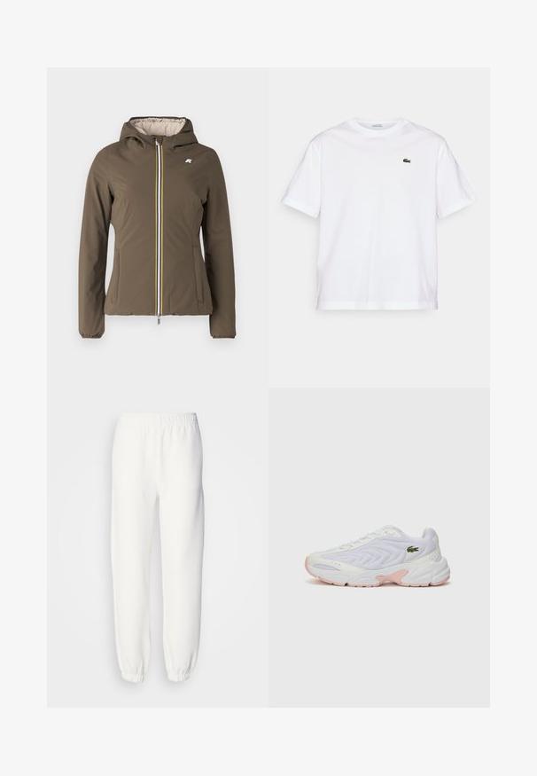 K-Way REVERSIBLE WARM DOUBLE - Lahka jakna - brown/pink; Bela bombažna majica s krožno ovratnikom in kratkimi rokavi. Ima zeleno vezeno logo na prsih. Mehka tekstura, sproščen kroj.; Bele trenerke iz mehke pletene tkanine. Elastičen pas in manšete zagotavljajo sproščen fit. Minimalističen dizajn, brez vidnih vzorcev ali poudarkov.; Bele športne čevlje z teksturirano mrežasto zgornjim delom, subtilnimi rožnatimi akcenti na podplatu in zelenim krokodilovim logotipom na strani.