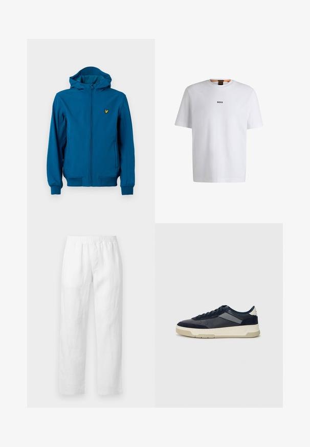Blue hooded sweatshirt with zip closure and ribbed cuffs. Features a small yellow logo on the left chest and a smooth texture.; White cotton T-shirt with short sleeves, featuring a black "BOSS" logo centered on the chest and a round neck design.; White linen pants featuring an elastic waistband, straight-leg fit, and soft texture with no visible patterns or hardware details.; BOSS BALTIMORE - Trainers - open blue