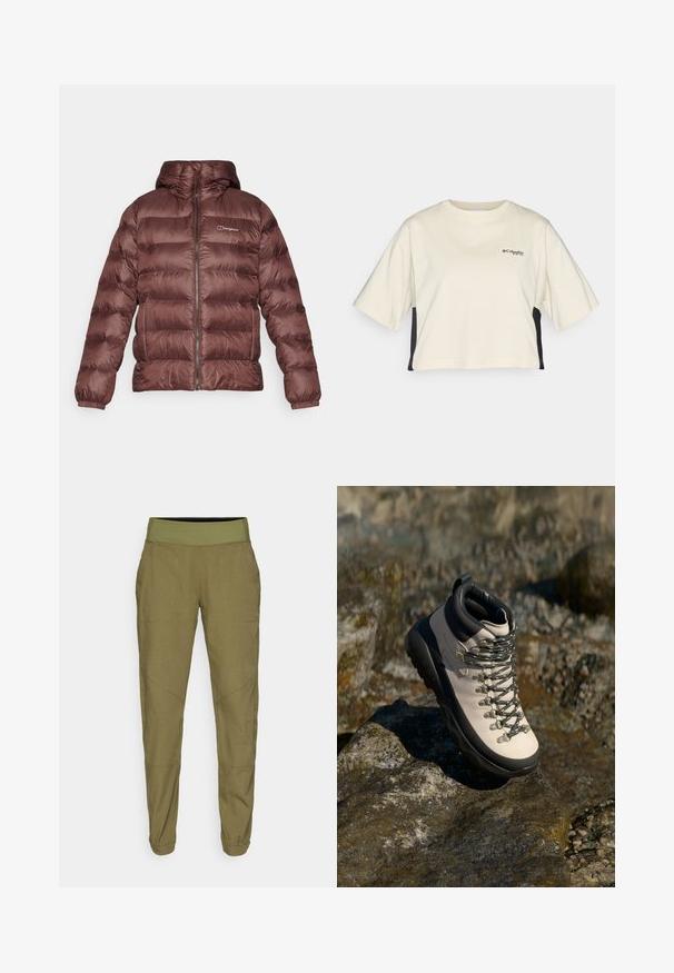 Berghaus EWDEN - Žieminė striukė - cedar brown; Kreminės spalvos prigludusi marškinėliai su apvalia kaklo iškirpte, trumpomis rankovėmis ir juodomis šoninėmis juostelėmis; turi mažą juodą logotipą krūtinėje.; Tamsiai žali, siaurėjantys kelnių, su elastinga juosta, pagaminti iš lengvos medžiagos ir turintys dvi šonines kišenes. Savybės: subtilus siuvinėjimas ir atsilenkiančios apačios.; Šviesiai smėlio spalvos turizmo batai su juodu guminio pado, lankstus viršus, metaliniai akių laikikliai ir pilkos raišteliai, padėti ant akmenuoto paviršiaus.