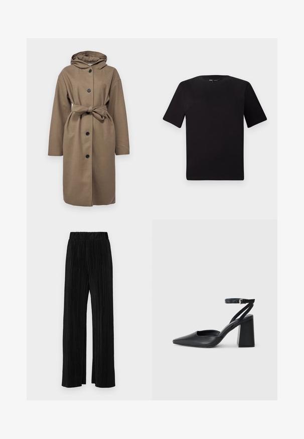 Barna kapucnis kabát derékban övvel, öt elől elhelyezett gombbal és hosszú ujjal. Strukturált anyagból készült, laza illeszkedéssel.; Fekete, rövid ujjú póló, kerek nyakkal, puha pamutból készült. Egyszerű dizájn, nincs látható logó vagy minta.; Fekete pliszírozott nadrág gumis derekkal. Széles lábakkal rendelkezik, sima, texturált anyagból készült, függőleges csíkokkal.; Fekete bőr, hegyes orrú magassarkú cipő boka pánttal és vastag sarokkal. Sima textúra, elegáns dizájn és minimális esztétika.