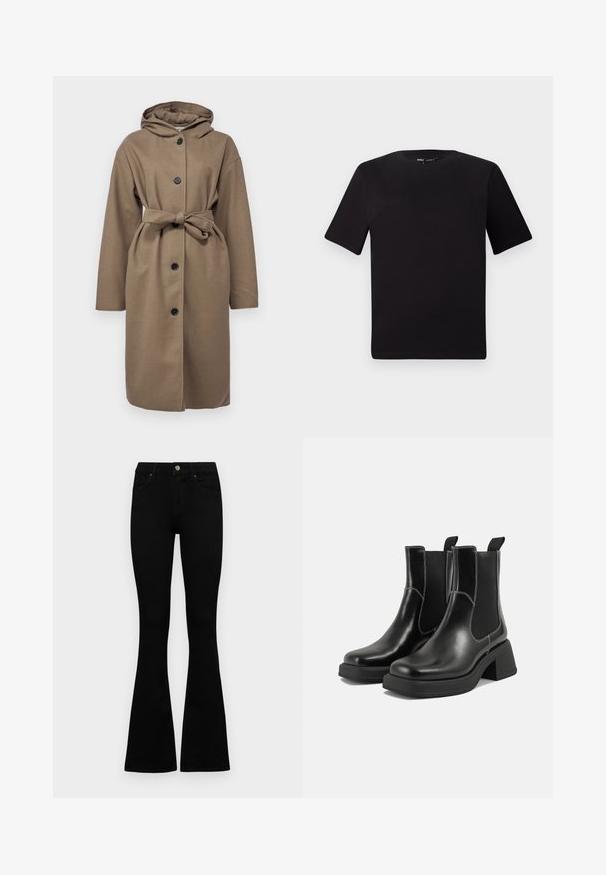 Rudas su gobtuvu paltas su dirželiu, penkiomis priekinėmis mygtukais ir ilgomis rankovėmis. Pagamintas iš tekstūruoto audinio, laisvasis kirpimas.; Juodas trumpas rankovės marškinėlis su apvaliu iškirpimu, pagamintas iš minkštos medvilnės medžiagos. Paprastas dizainas, be matomų logotipų ar raštų.; Juodos aukšto liemens džinsai su mygtuku ir užtrauktuku, priekinėmis kišenėmis ir platėjančiomis kojomis, išdėstyti ant baltos fono.; Juodos odinės Chelsea botai su storiu kulnu, elastinėmis šoninėmis panelėmis ir kontrastinga balta siūle. Tekstūruota apdaila.