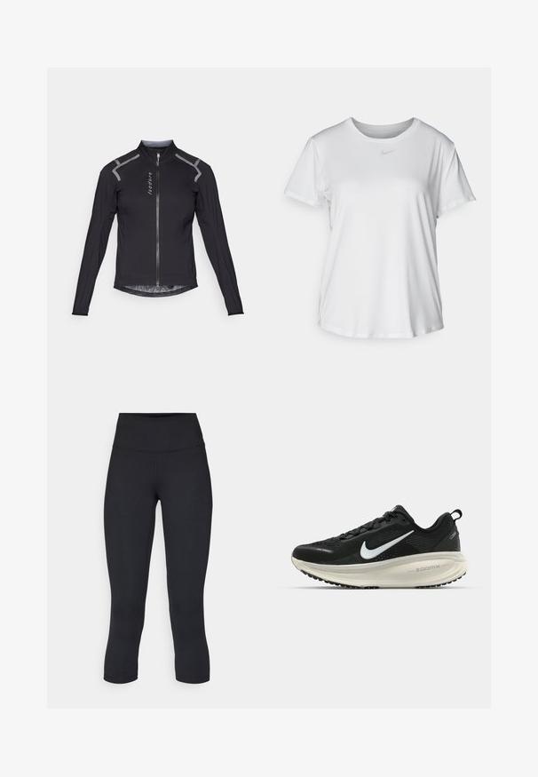 Férfi fekete kerékpáros dzseki könnyű anyagból; hosszú ujjú, reflektáló elemekkel a vállakon és teljes hosszúságú cipzárral.; Fehér, rövid ujjú póló sima anyagból, kerek nyakkivágással és egy kis szürke Nike logóval a mellkason.; Fekete, rövidített leggings elasztikus anyagból, magas derékkal és sima textúrával, látható minták vagy fémalkatrészek nélkül.; Fekete Nike futócipő légáteresztő hálós felsőrésszel, fehér Swoosh logóval, textúrázott részletekkel és krém színű ZoomX középtalppal.