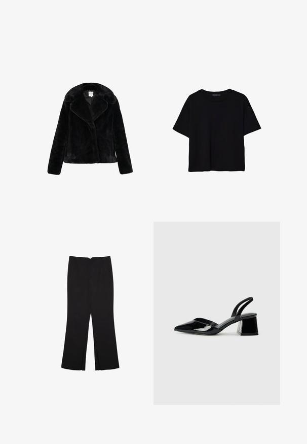 Czarna kurtka z sztucznego futra z szerokim kołnierzem, długimi rękawami i miękką fakturą. Bez widocznych zapięć; elegancki i nowoczesny design.; Czarna koszulka z krótkim rękawem wykonana z bawełny. Posiada okrągły dekolt i luźny krój z gładką, jednolitą teksturą. Brak widocznych wzorów lub akcentów.; Czarne spodnie o prostym kroju, z przednimi kieszeniami i bocznymi rozcięciami na dole. Wykonane z miękkiego, gładkiego materiału. Odpowiednie na różne okazje.; Czarne lakierowane półbuty na obcasie z wydłużonym noskiem i geometrycznym słupkiem. Charakteryzują się eleganckim, minimalistycznym designem oraz gładką fakturą.