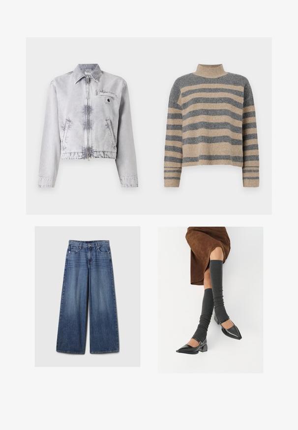 Siva traper jakna dugih rukava, prednji zip, skraćeni dizajn, džep na prsima i detalj s logotipom. Mekana tekstura s izblijedjelim završetkom.; Prugasti pleteni džemper u sivoj i bež boji, s visokim ovratnikom, širokim rukavima s manžetama i opuštenim krojem koji je skraćen.; Široke plave traperice s izblijedjelim finišom, s kopčanjem na gumb i patentni zatvarač, pet džepova i petljama za remen.; Crne lakirane cipele s šiljastim prstima, blok-petom i remenom oko gležnja, uparene s sivim rebrastim čarapama do koljena i smešnom suknjom od antilopa.