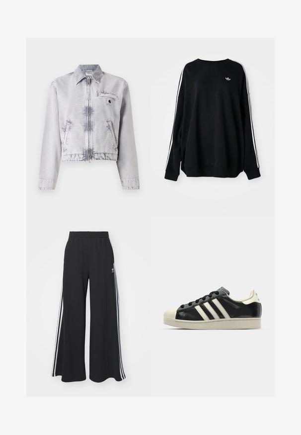 Casaco de ganga cinza com mangas longas, fecho de correr frontal, design curto, bolso no peito e detalhe com logótipo. Textura suave com um acabamento desgastado.; Sweatshirt oversized preto em tecido suave, com riscas brancas nas mangas e um pequeno logótipo no peito. Decote redondo.; Calças de suor largas e pretas com uma cintura elástica, apresentando riscas brancas nas laterais e um logótipo bordado na coxa esquerda.; Sapatilha de couro preto com riscas brancas, biqueira de borracha, atacadores pretos e sola na cor creme. Textura suave com acabamento brilhante.