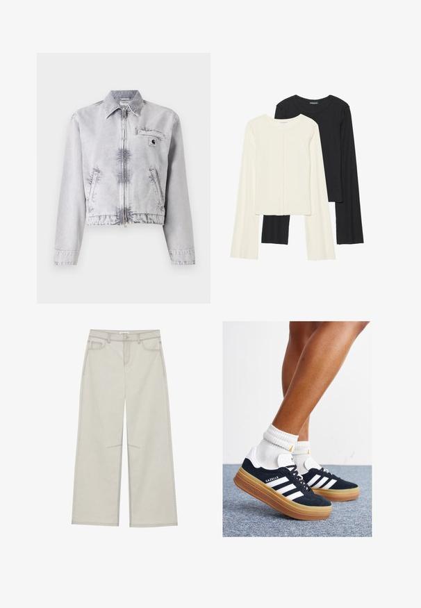 Chaqueta de mezclilla gris con mangas largas, cierre de cremallera frontal, diseño corto, bolsillo en el pecho y detalle de logo. Textura suave con un acabado desgastado.; Conjunto de dos camisetas de manga larga en blanco y negro. Textura acanalada, cuello redondo, diseño ajustado con mangas ligeramente acampanadas.; Pantalones de pierna ancha gris claro con cinco bolsillos, cierre frontal de botón y costuras contrastantes a lo largo de las costuras. La tela parece suave y duradera.; Zapatillas deportivas de gamuza negra con rayas y detalles blancos, puntera redondeada, suela de goma color caramelo, combinadas con calcetines blancos acanalados a la altura del tobillo.