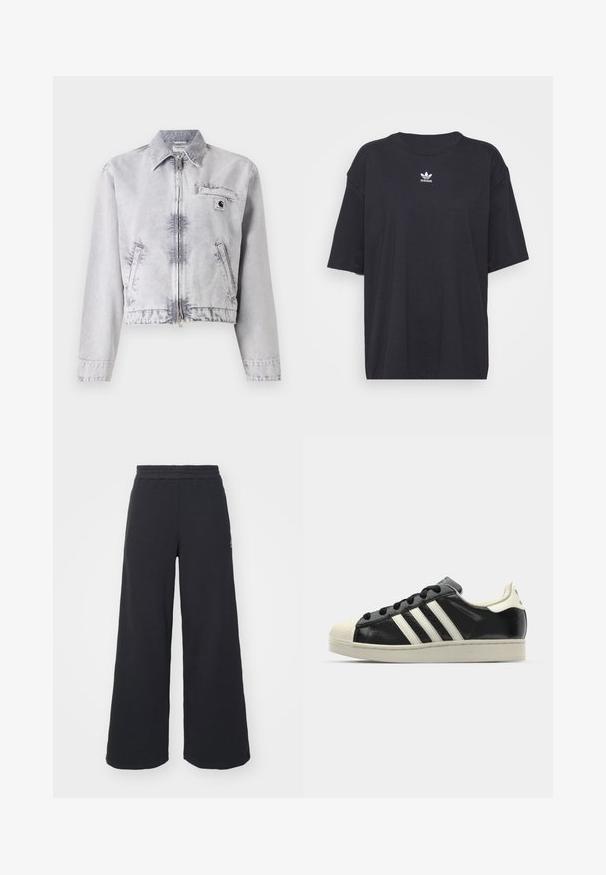 Chaqueta de mezclilla gris con mangas largas, cierre de cremallera frontal, diseño corto, bolsillo en el pecho y detalle de logo. Textura suave con un acabado desgastado.; Camiseta de algodón negra con mangas cortas, cuello redondo, presenta un logo blanco de Adidas en el pecho. Diseño simple, ajuste relajado.; Pantalones de chándal negros de pierna ancha, hechos de una tela suave, con una cintura elástica y un pequeño logo en el lado izquierdo.; Zapatilla de cuero negro con rayas blancas, puntera de goma, cordones negros y suela color crema. Textura suave con acabado brillante.
