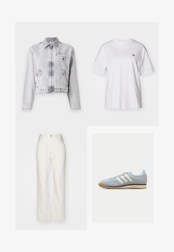 Γκρι τζάκετ από τζιν με μακριά μανίκια, κοντό σχέδιο, μπροστινό φερμουάρ, τσέπη στο στήθος και λεπτομέρεια λογότυπου. Απαλή υφή με φθαρμένη εμφάνιση.; Λευκό βαμβακερό μπλουζάκι με χαλαρή εφαρμογή, κοντά μανίκια, και ένα μικρό κεντητό λογότυπο στην αριστερή περιοχή του στήθους.; Λευκά τζιν παντελόνια με ψηλή μέση και φαρδιά εφαρμογή. Διαθέτουν κλείσιμο με κουμπί και φερμουάρ, θηλιές για ζώνη και διακριτές ραφές.; Φωτεινό μπλε σουέτ παπούτσι αθλήματος με τρία λευκά λωρίδες, καουτσούκ σόλα και υφή πλέγματος. Διαθέτει ομαλή μύτη και επωνυμία στην φτέρνα.