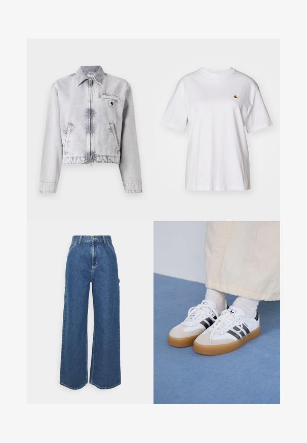 Grå denimjakke med lange ermer, glidelås foran, cropped design, brystlomme og logodetalj. Myk tekstur med en falmet finish.; Hvit bomulls t-skjorte med avslappet passform, korte ermer og en liten brodert logo på venstre brystområde.; Videbeinete blå denimbukser med høy midje, kontraststing, og sidelommer, med et klassisk fem-lommers design og rå kanter.; Hvite sneakers med svarte striper og beige semsket skinn-detaljer. Har en teksturert gummisåle og flate hvite snører, brukt med lyse sokker.