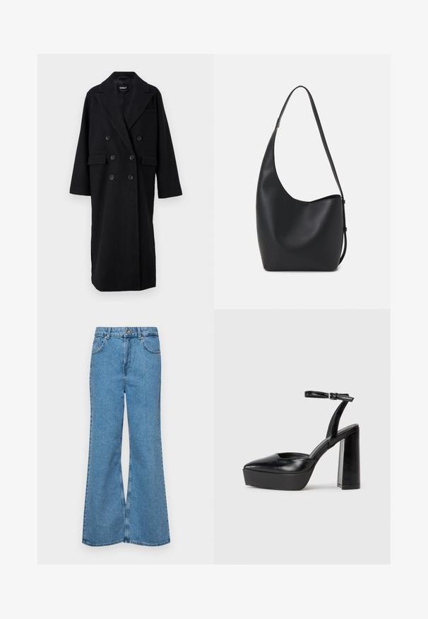 Čierny dvojradový kabát z vlnenej látky s špicatými klopami, dvoma prednými vreckami a veľkými čiernymi gombíkmi. Voľný strih s dlhými rukávmi.; Čierne bavlnené tričko s krátkymi rukávmi, s malým ružovým motýlikom na ľavej hrudi. Design s okrúhlym výstrihom a uvoľneným strihom.; Svetlomodré rozšírené džínsy vyrobené z denimu, s vysokým pásom, piatimi vreckami a jednopoložkovým zapínaním na gombík. Mäkká textúra s vyblednutým povrchom.; Čierne platformové podpätky so špicatou špičkou a nastaviteľným členkovým remienkom. Vyrobené z hladkej kože a so robustným blokovým podpätkom.; Čierna kožená hobo taška so hladkou textúrou, zakriveným tvarom a jedným nastaviteľným popruhom; má široké otvorenie na vrchu.
