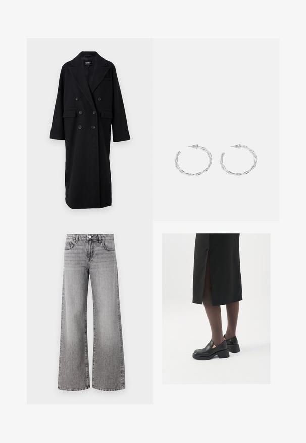 Crni dvostruko zakopčani kaput od vune s izbočenim reverima, dva prednja džepa i velikim crnim dugmadima. Oversized kroj s dugim rukavima.; Bijela majica bez rukava napravljena od rebraste tkanine, s okruglim izrezom i uklapajućim siluetom, s minimalnim šavovima i bez ukrasa.; Široke traperice napravljene od sivog denima s izblijedjelim završetkom. Ima klasične džepove i kopčanje na gumbe u struku.; Crne kožne cipele s zaobljenim vrhom, debelim blok petama i elastičnim bočnim detaljima, uparene s tamnim čarapama i crnom suknjom s prorezom.; Srebrne naušnice s obručima i uvijenim dizajnom, s poliranim završetkom i pričvršćivanjem na stražnjoj strani. Mjere otprilike 3 cm u promjeru.