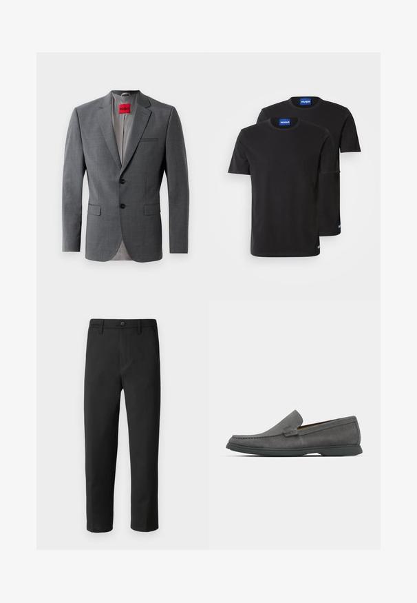 Pelēks piegriezta žakete ar izgrieztiem lapelēm, divām pogām un divām priekšējām kabatām. Iekšpuse izklāta ar gaiši pelēku audumu. Sarkanā zīmola etiķete redzama.; Divas melnas kokvilnas T-kreklus ar apaļiem kakla izgriezumiem, īsām piedurknēm un ziliem "HUGO" uzrakstiem uz apkaklēm un sānu malām.; Melnie bikses ar taisnu griezumu, izgatavotas no gludas auduma. Tajās ir pogu aizdare un jostas cilpas. Nav redzamu rakstu vai akcentu.; Pelēki zamšaini loaferi ar noapaļotu purngalu, izšūtu detaļu un zemu gumijas zoli. Iespēju pievilkšanas dizains bez redzamām detaļām.