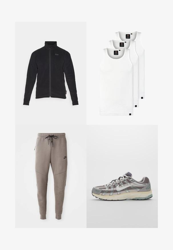 Melnā vilnas jaka ar augstu apkakli, pilnu priekšējo rāvējslēdzēju un sānu kabatām. Uz krūtīm ir diskrēts logo un faktūra audumā.; Trīs baltas ribotas krūšturi, kas izgatavoti no kokvilnas. Iezīmēti ar apaļu kakla izgriezumu un maziem melniem etiķetēm tuvu apakšmalai. Pieejami vairākos izmēros.; Pelēki Nike sporta bikses ar aukliņu viduklī, sašaurinātiem galiem, sānu kabatām un izteiktām šuvēm. Mīksta, teksturēta auduma.; Pelēkie sporta apavi ar tīkla un zamša augšdaļu, baltiem akcentiem, mīkstinātu zoli un izcilu dizainu ar atstarotājiem.
