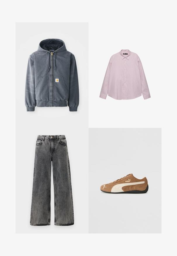 Felpa grigia con cappuccio e zip frontale, due grandi tasche, polsini a coste e un patch con logo sulla tasca sinistra. Realizzata in tessuto resistente.; Camicia button-up rosa chiaro con strisce blu verticali, colletto, maniche lunghe e vestibilità ampia. Realizzata in un tessuto morbido con una leggera lucentezza.; Jeans in denim nero a gamba larga con un finish sbiadito. Presentano cinque tasche, una chiusura con bottone e cuciture in contrasto lungo le cuciture.; Sneaker bassa in suede marrone con accenti crema, superficie texture, suola in gomma nera e logo ricamato sul lato e sulla linguetta.