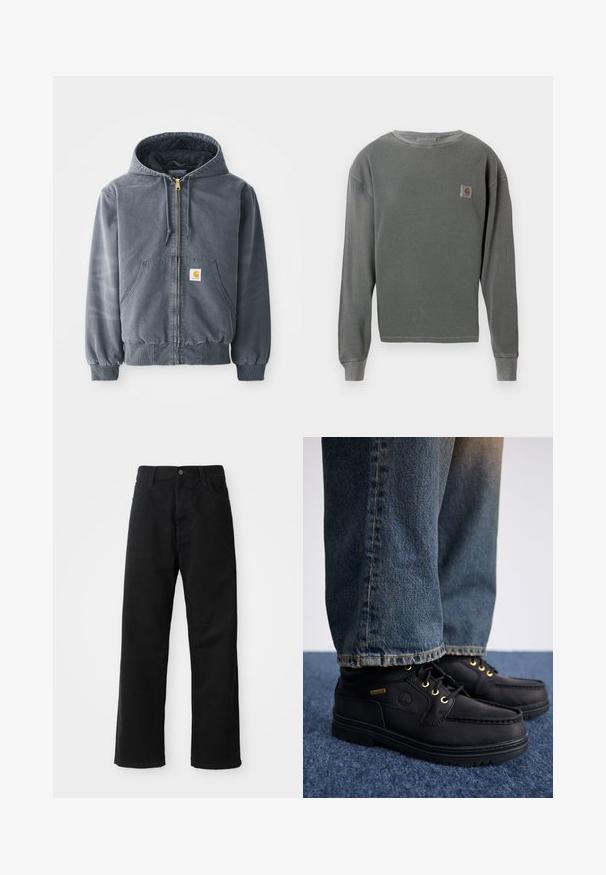 Gray hooded sweatshirt with a front zipper, two large pockets, ribbed cuffs, and a logo patch on the left pocket. Made from durable fabric.; Gray long-sleeve crewneck sweatshirt with ribbed texture, featuring a small square logo patch on the left chest and ribbed cuffs.; Black denim pants with a straight cut, featuring front pockets, a zip fly, and a single top button. Textured fabric with a matte finish.; Black leather shoes with gold eyelets and a textured finish, paired with blue denim jeans. Shoes feature a layered sole and branding detail.