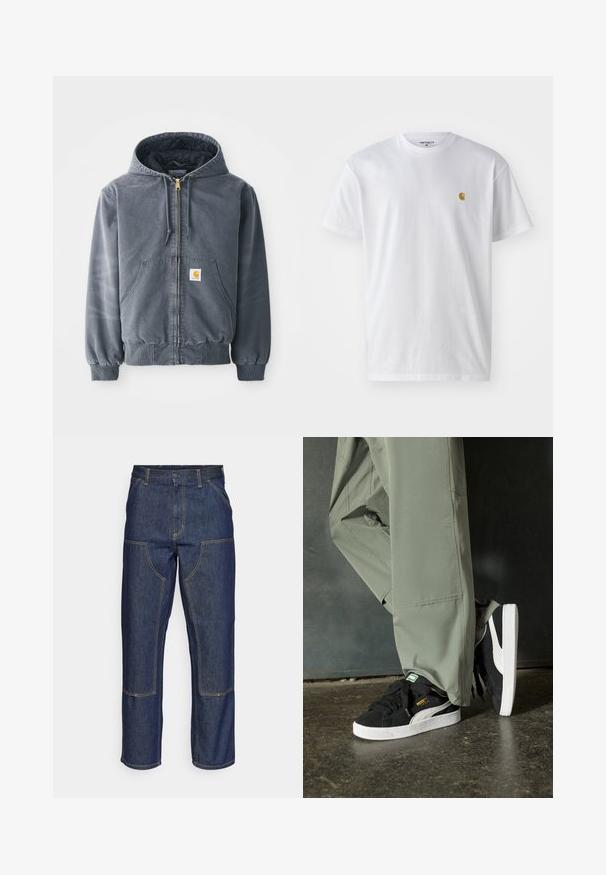 Grijze capuchontrui met een ritssluiting aan de voorkant, twee grote zakken, geribbelde manchetten en een logopatch op de linkerzak. Gemaakt van duurzaam materiaal.; Witte katoenen t-shirt met korte mouwen en ronde hals, voorzien van een klein gouden logo op de linkerkant van de borst. Zachte textuur en een normale pasvorm.; Donkerblauwe denim jeans met een hoge taille, rechte pijpen, contrasterende stiksels en opgestikte zakken aan de voorkant.; Zwarte suède sneakers met witte rubberen zolen en zijstrepen, gecombineerd met lichtgroene cargobroeken, staande op een gestructureerd donker oppervlak.