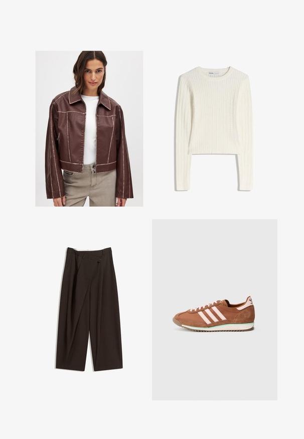 Brązowa krótka kurtka z wykończenia syntetycznego, z ostrym kołnierzem, zamek błyskawiczny i kontrastujące przeszycia. Długie rękawy z bocznymi kieszeniami na zamek.; Biały sweter w splot warkoczowy z długimi rękawami, okrągłym dekoltem i prążkowaną teksturą. Krótki krój nadaje nowoczesny charakter.; Ciemnobrązowe szerokie spodnie o wysokim stanie, z pojedynczym zapięciem na guzik i plisowanym przodem. Wykonane z lekkiego materiału.; Brązowo-różowy sneaker Adidas z detalami ze skóry zamszowej, trzema różowymi paskami po bokach oraz białą podeszwą z zielonym akcentem.