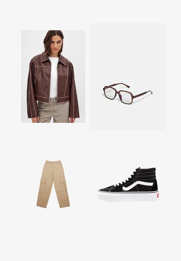 Giacca corta in finta pelle marrone con colletto a punta, chiusura con zip e cuciture a contrasto. Maniche lunghe con tasche laterali con zip.; Camicia con bottoni, maniche lunghe, con un motivo a righe rosa chiaro e bianche, caratterizzata da arricciature laterali e lacci regolabili in vita.; Pantaloni cargo beige realizzati in tessuto, con due tasche frontali e un design rilassato a gamba larga. La vita è dotata di chiusura a bottone e zip.; Scarpe da ginnastica nere alte con lacci bianchi, un logo bianco e cuciture bianche a contrasto. Presentano una suola bianca spessa e una parte superiore in suede textured.; Occhiali rettangolari marroni con lenti trasparenti e tonalità viola. Montatura in plastica liscia con stanghette dritte e accenti sottili.; Borsa hobo di un morbido marrone con una sola tracolla larga e un'apertura a manico curvo, esposta su uno sfondo bianco.