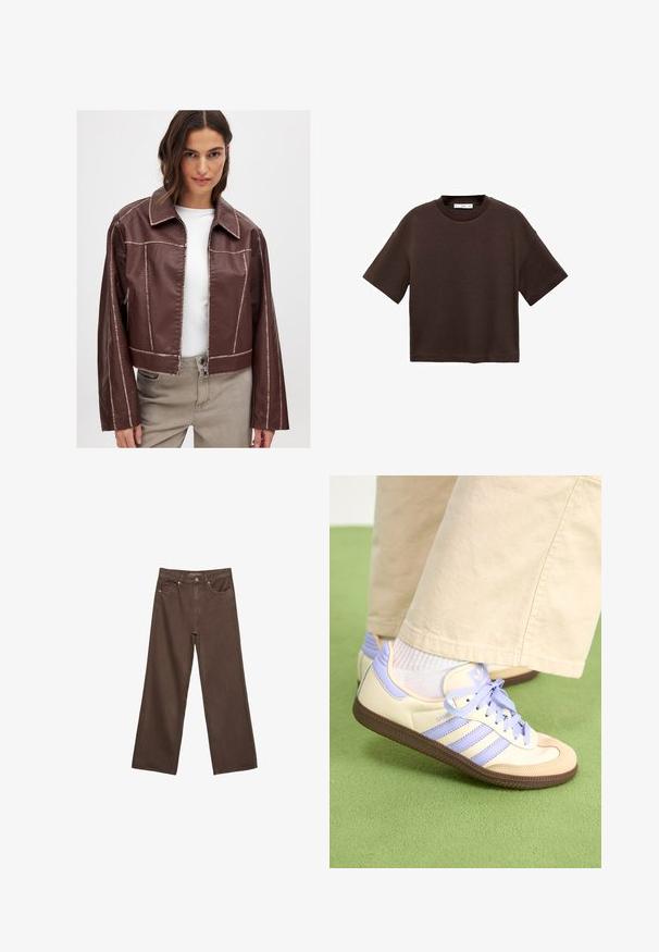 Brązowa krótka kurtka z wykończenia syntetycznego, z ostrym kołnierzem, zamek błyskawiczny i kontrastujące przeszycia. Długie rękawy z bocznymi kieszeniami na zamek.; Brązowa koszulka z krótkim rękawem, wykonana z miękkiej bawełny. Posiada okrągły dekolt i luźny krój, charakteryzuje się gładką fakturą i brakiem widocznych wzorów.; Szerokie brązowe dżinsy wykonane z denimu, z wysokim stanem, przednimi kieszeniami i klasycznym zapięciem na guzik. Gładka faktura z subtelnym przeszyciem.; Kremowe i lawendowe trampki z trzema paskami oraz teksturowaną brązową podeszwą, wyposażone w sznurówki i wyścieloną piętę. Górna część z miękkiego materiału.