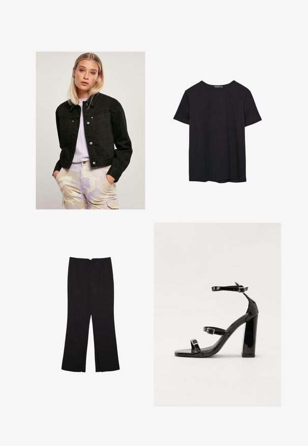 Črna skrajšana denim jakna s podloženim ovratnikom, dvema sprednjima žepoma in srebrnimi gumbki, v kombinaciji s svetlimi vzorčenimi hlačami na vojaški način.; Enostavna črna bombažna majica s kratkimi rokavi in okroglim izrezom, prikazana na belem ozadju.; Črne hlače ravnega kroja z naglavnimi žepi in stranskimi razporki na robu. Narejene iz mehke, gladke tkanine. Primerne za različne priložnosti.; Črne lakaste sandale z visokimi petami, z dvema trakovoma z zaponkama, kvadratnim sprednjim delom in masivno širšo peto, z gladko, sijočo teksturo.