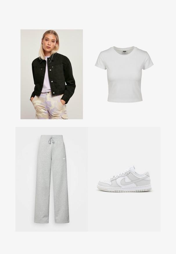 Fekete cropped farmerdzseki, bélelt gallérral, két elülső zsebbel és ezüst színű patentgombokkal, világos terepmintás nadrággal párosítva.; Fehér pamut póló klasszikus kerek nyakkal, rövid ujjal és testhezálló szabással. Nincsenek látható minták vagy díszítések.; Szürke melegítőnadrág, elasztikus derékkal, zsinóros részletekkel és egy kis fehér Nike logóval a bal combon. Puha anyag, laza fazon.; Fehér bőr sportcipők szürke részletekkel, perforált orral, lapos fűzővel, párnázott gallérral és texturált gumitalppal.